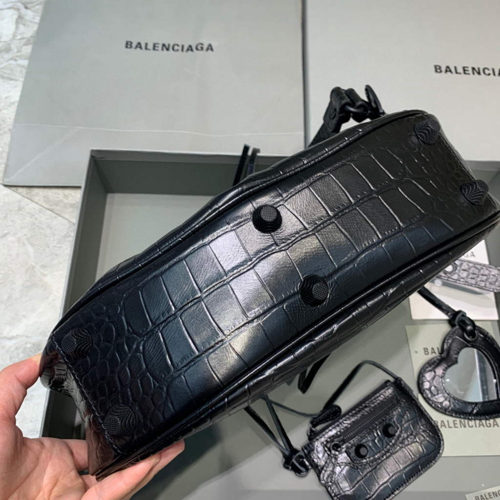 Balenciaga 67130723 Women's Le Cagole Small Shoulder Bag Crocodile Embossed In Black