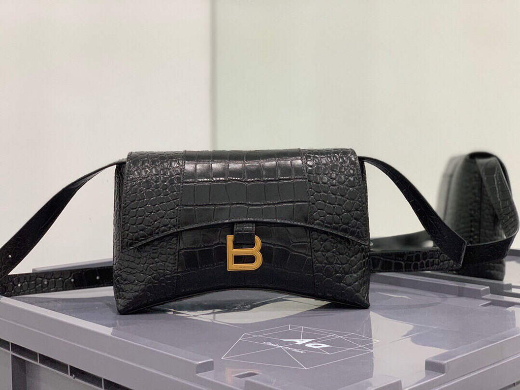 Balenciaga 671355 Women's Downtown XS Shoulder Bag Crocodile Embossed Black