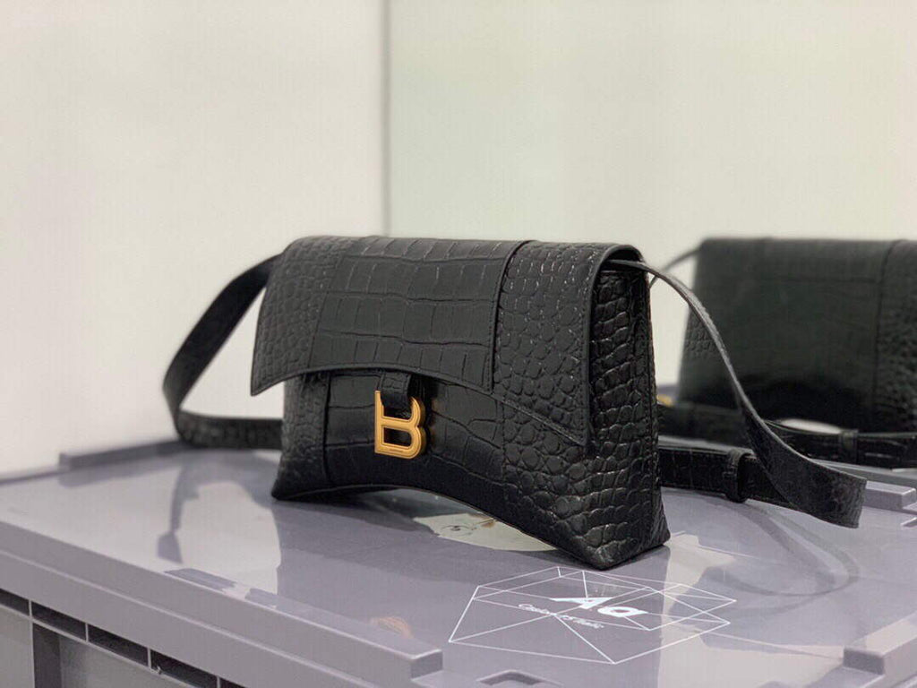 Balenciaga 671355 Women's Downtown XS Shoulder Bag Crocodile Embossed Black