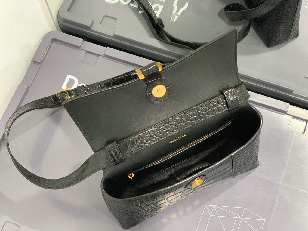 Balenciaga 671355 Women's Downtown XS Shoulder Bag Crocodile Embossed Black