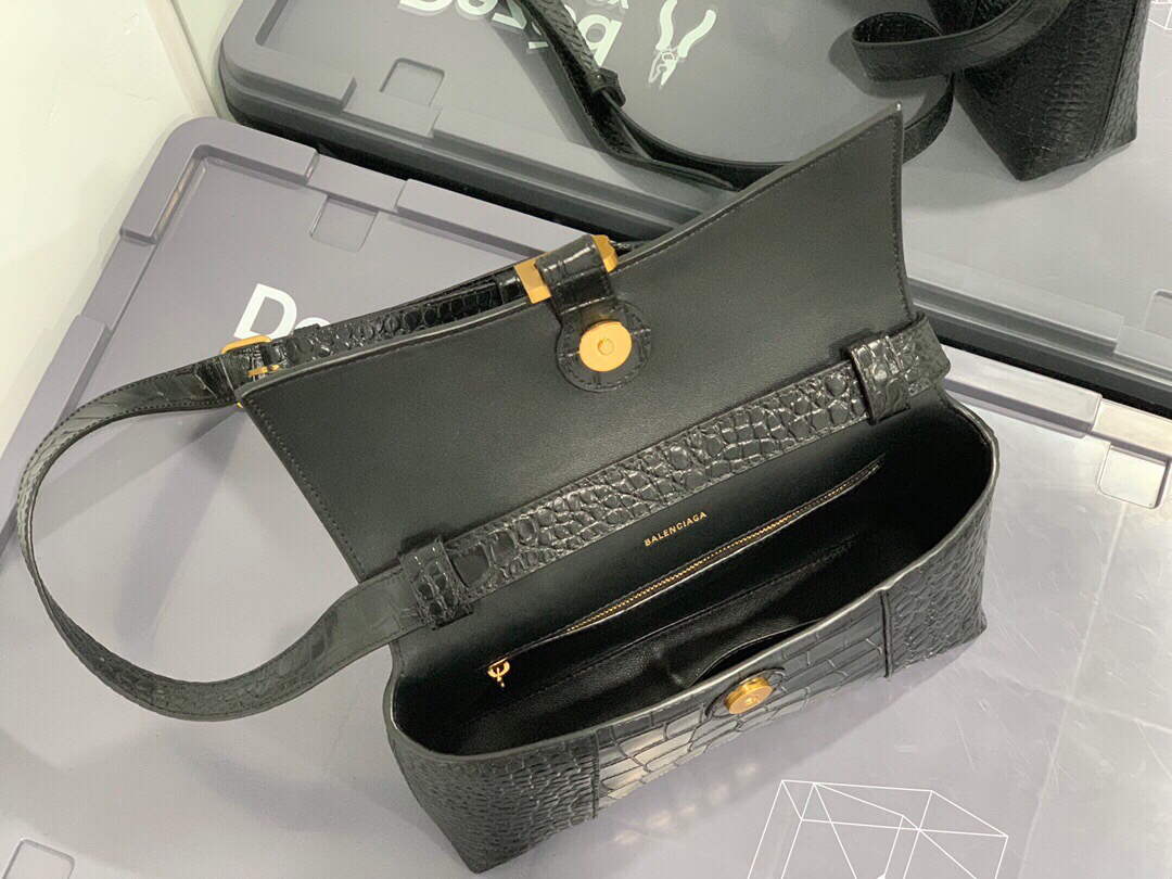 Balenciaga 671355 Women's Downtown XS Shoulder Bag Crocodile Embossed Black