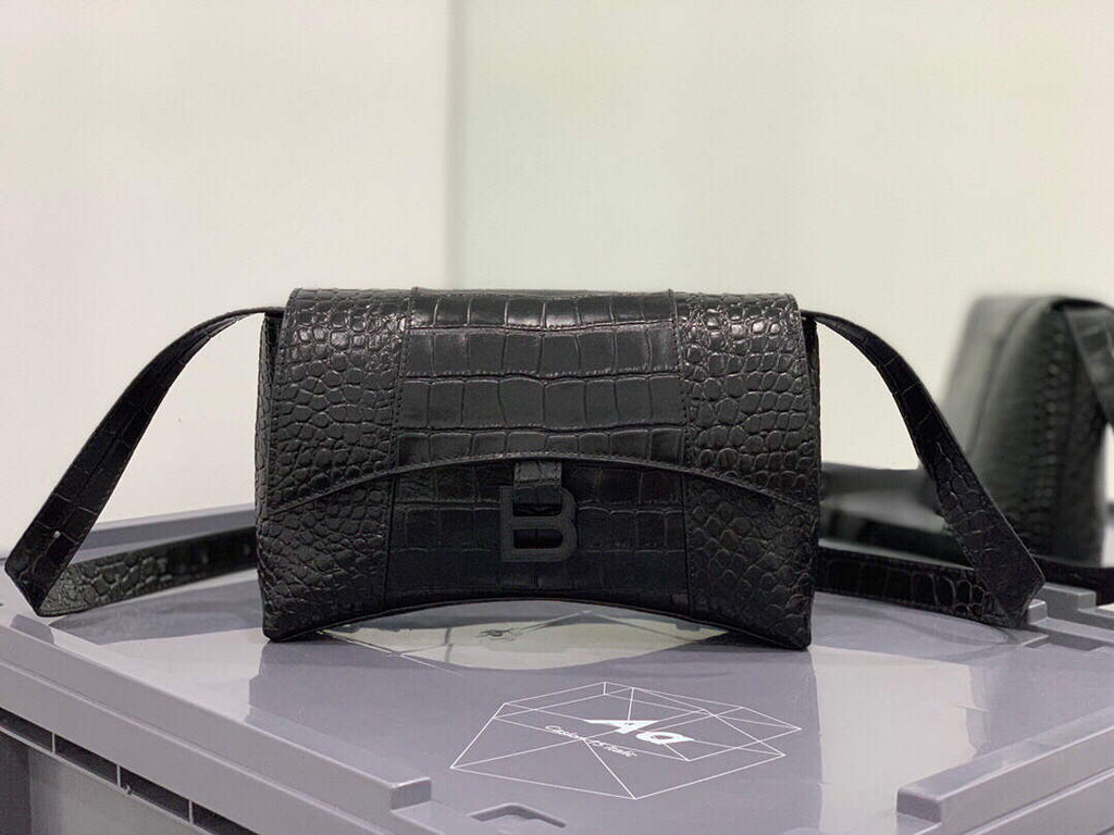 Balenciaga 671355 Women's Downtown XS Shoulder Bag Crocodile Embossed black buckle