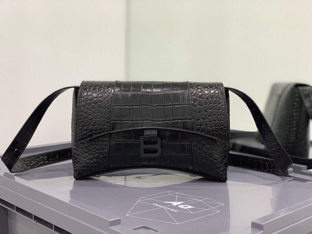Balenciaga 671355 Women's Downtown XS Shoulder Bag Crocodile Embossed black buckle
