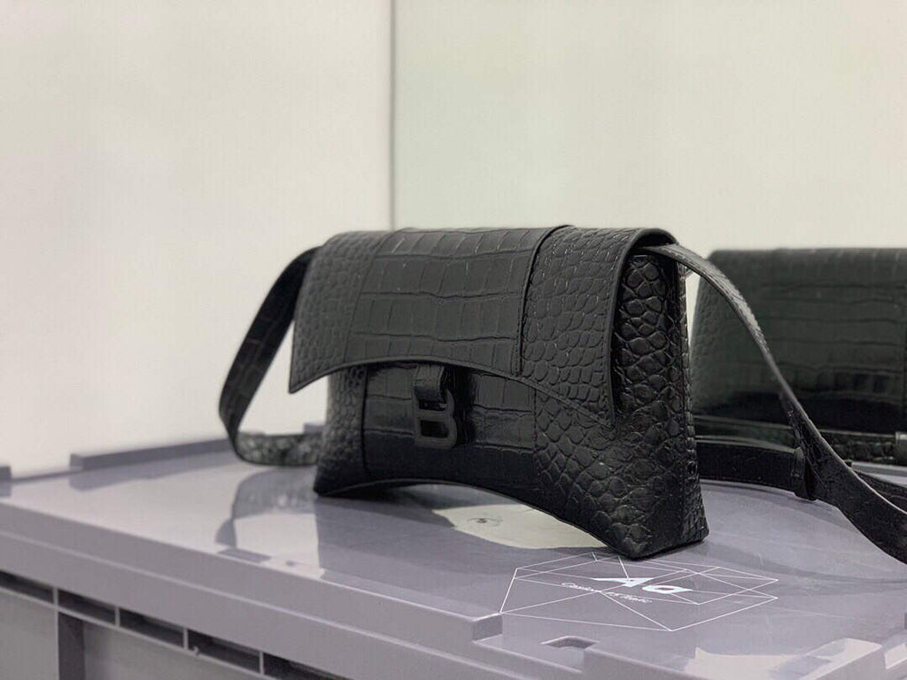 Balenciaga 671355 Women's Downtown XS Shoulder Bag Crocodile Embossed black buckle