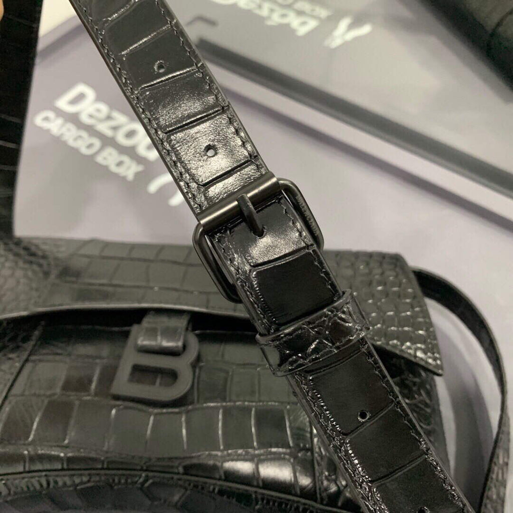 Balenciaga 671355 Women's Downtown XS Shoulder Bag Crocodile Embossed black buckle