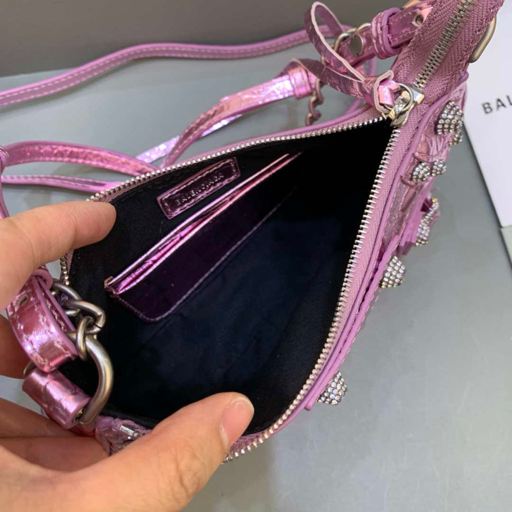 Balenciaga 6940271VG9 Le Cagole Mini Multipouch in Sky Pink Crocodile