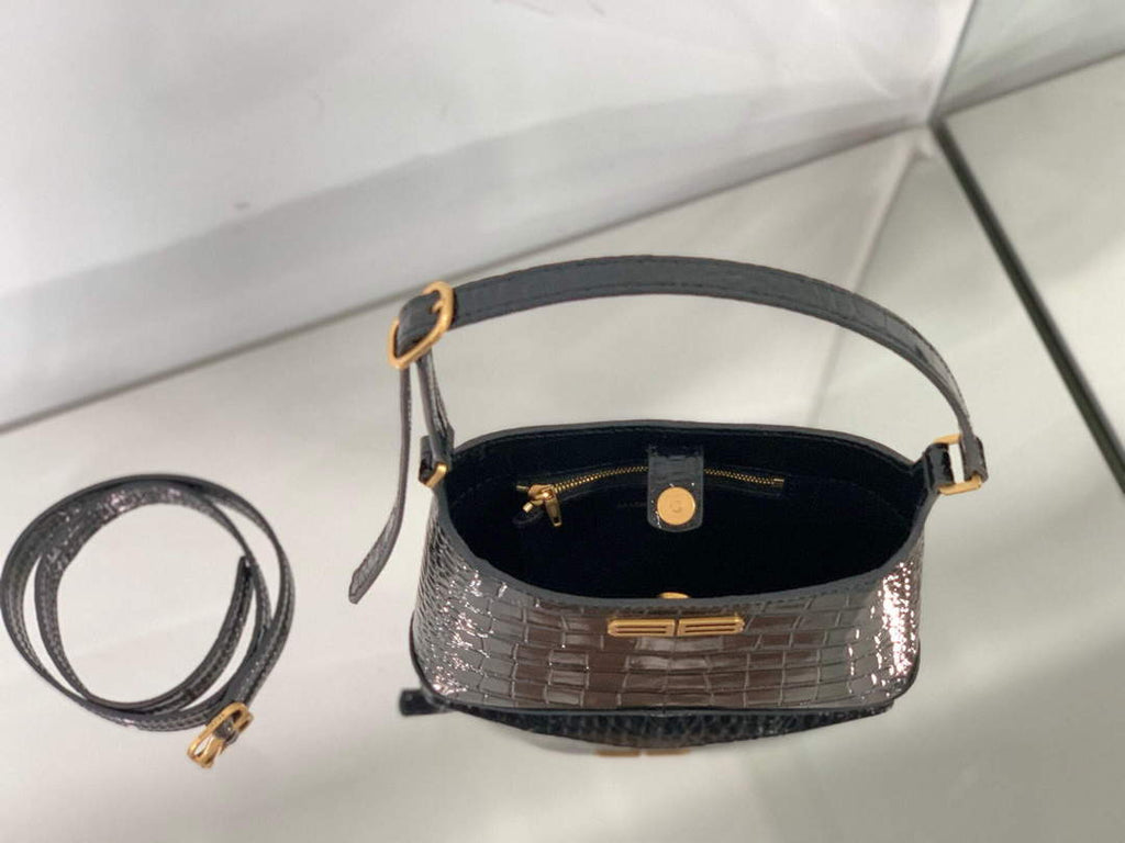 Balenciaga 695589 Women's XX Small Hobo Bag Crocodile Embossed Black
