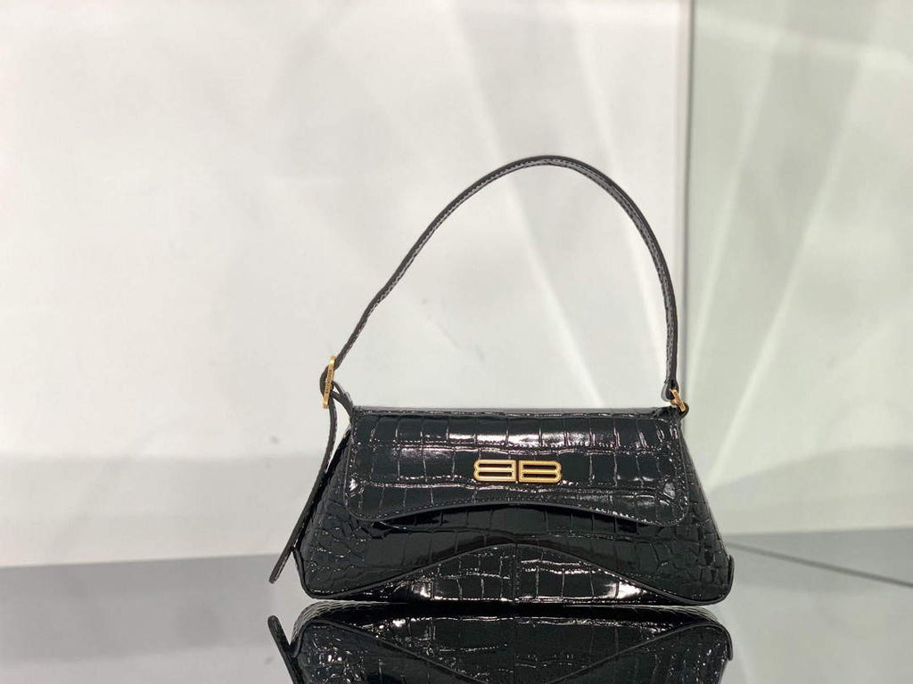 Balenciaga 695645 Women's XX Small Flap Bag Crocodile Embossed In Black