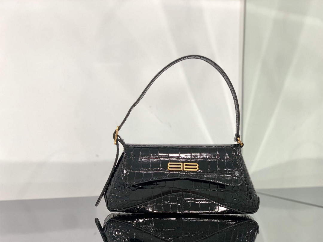 Balenciaga 695645 Women's XX Small Flap Bag Crocodile Embossed In Black