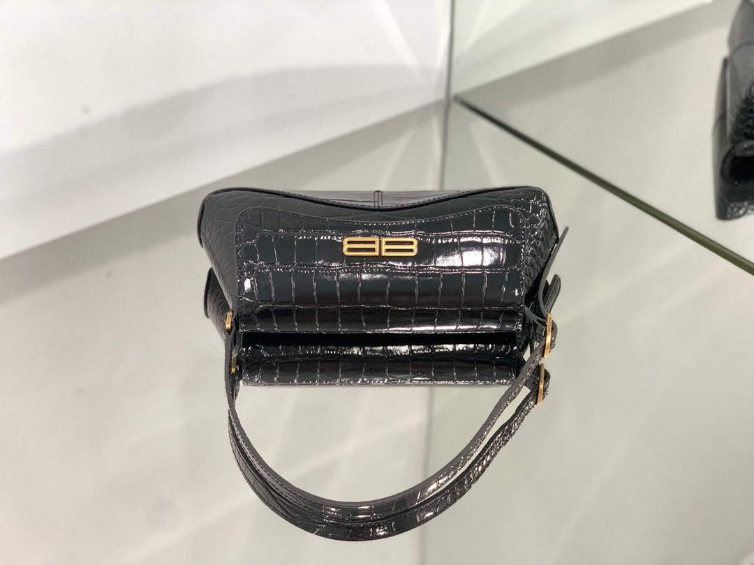 Balenciaga 695645 Women's XX Small Flap Bag Crocodile Embossed In Black