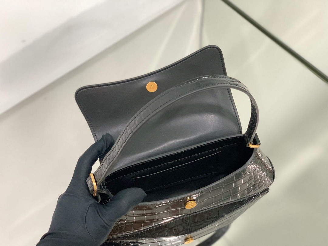 Balenciaga 695645 Women's XX Small Flap Bag Crocodile Embossed In Black