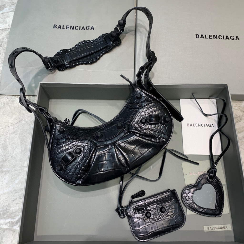 Balenciaga 700940210 Women's Neo Cagole XS Handbag in Black Crocodile lambskin