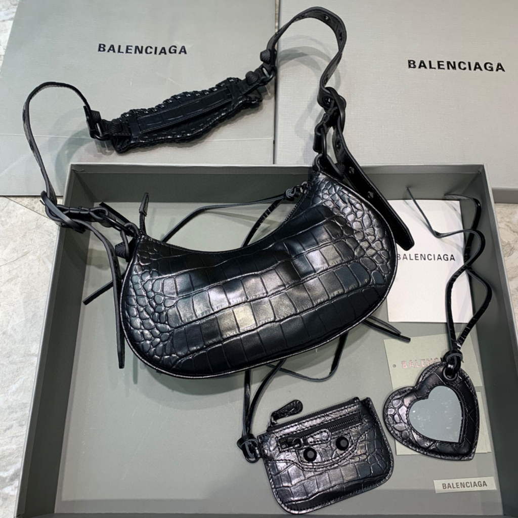 Balenciaga 700940210 Women's Neo Cagole XS Handbag in Black Crocodile lambskin
