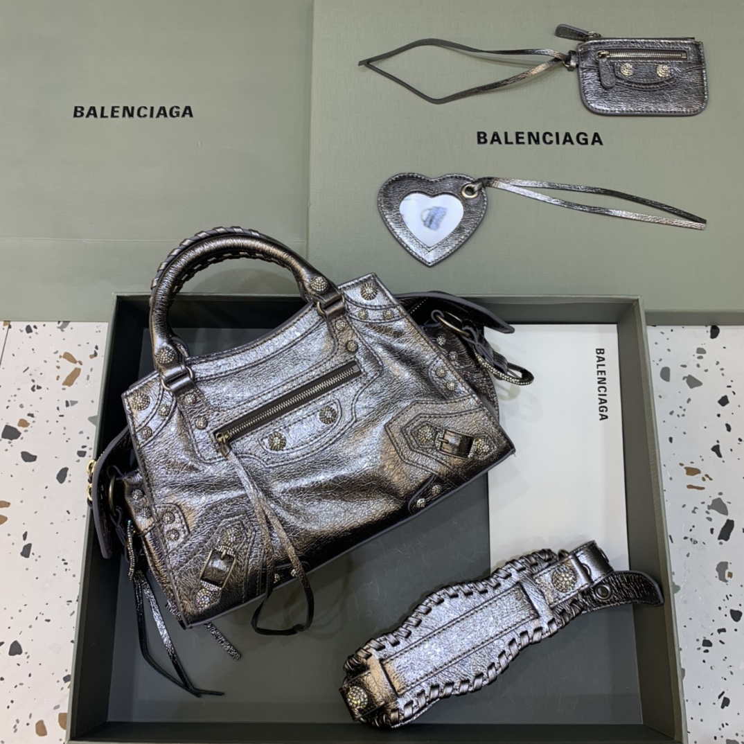 Balenciaga 700940210B Neo Cagole City Handbag in Sliver Grey Arena Lambskin - Default Title - View 1