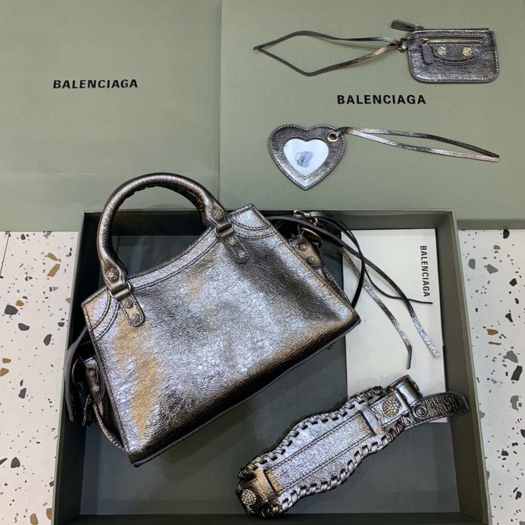 Balenciaga 700940210B Neo Cagole City Handbag in Sliver Grey Arena Lambskin