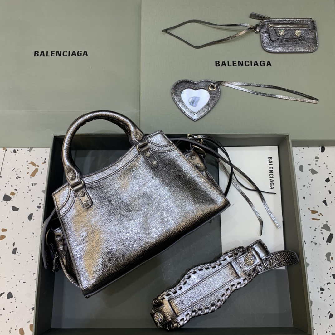 Balenciaga 700940210B Neo Cagole City Handbag in Sliver Grey Arena Lambskin