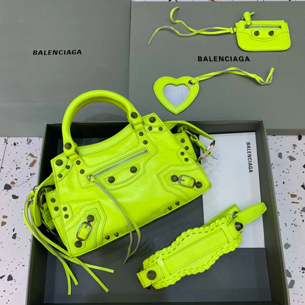 Balenciaga 700940210B Neo Cagole City Handbag in Lemon Yellow Arena Lambskin