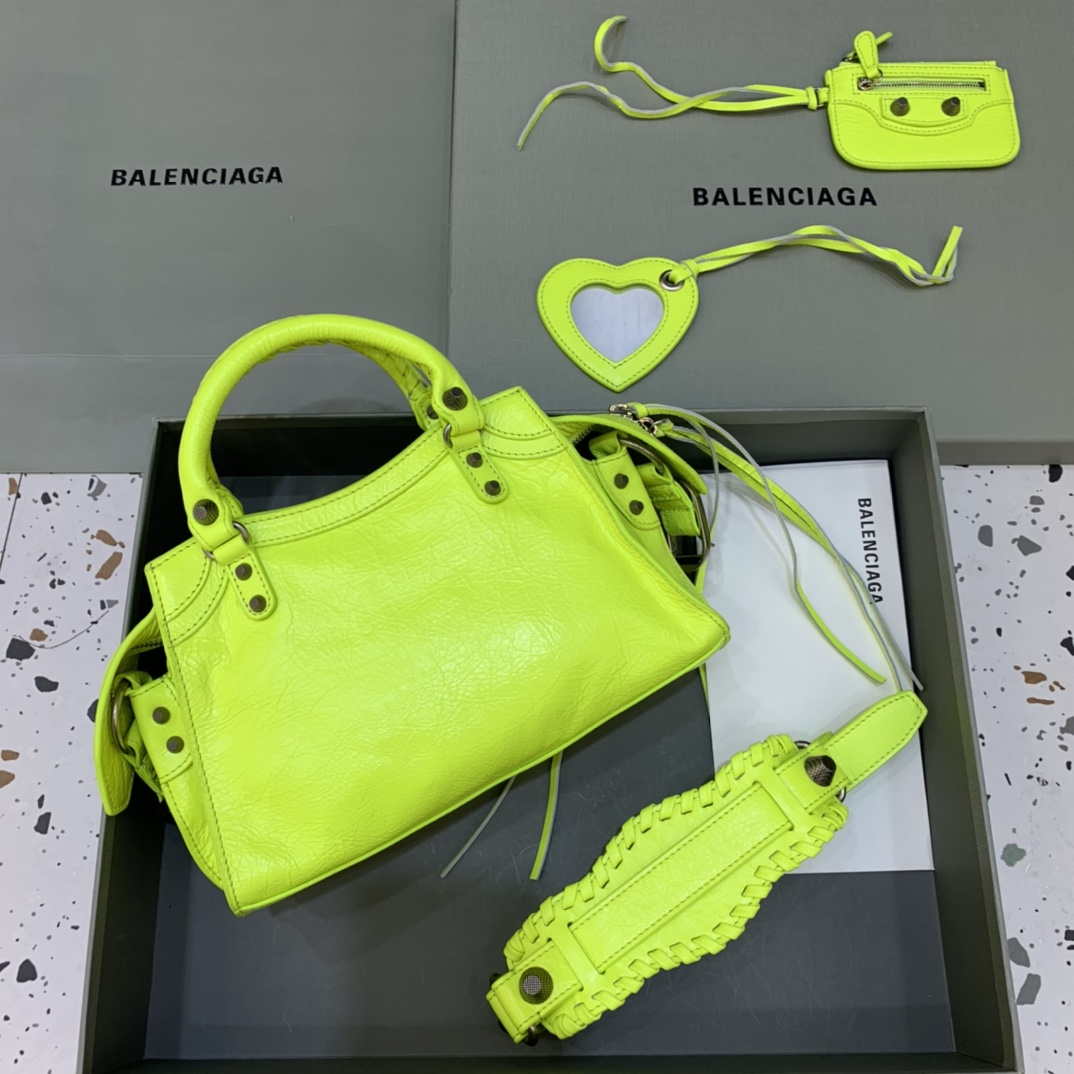 Balenciaga 700940210B Neo Cagole City Handbag in Lemon Yellow Arena Lambskin