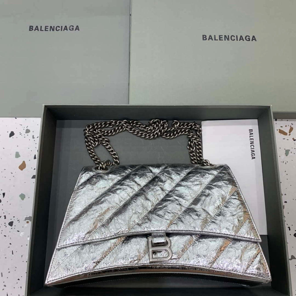 Balenciaga 716393210 Crush Medium Chain Bag Quilted in Silver metallized crushed calfskin Silver