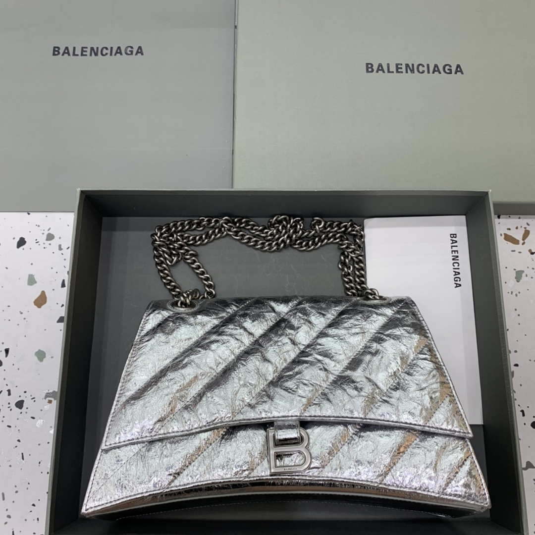 Balenciaga 716393210 Crush Medium Chain Bag Quilted in Silver metallized crushed calfskin Silver - Default Title - View 1