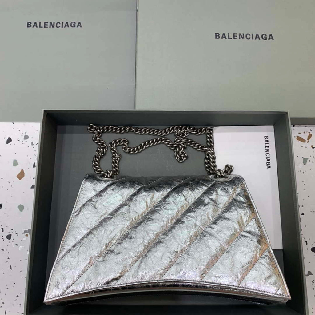 Balenciaga 716393210 Crush Medium Chain Bag Quilted in Silver metallized crushed calfskin Silver