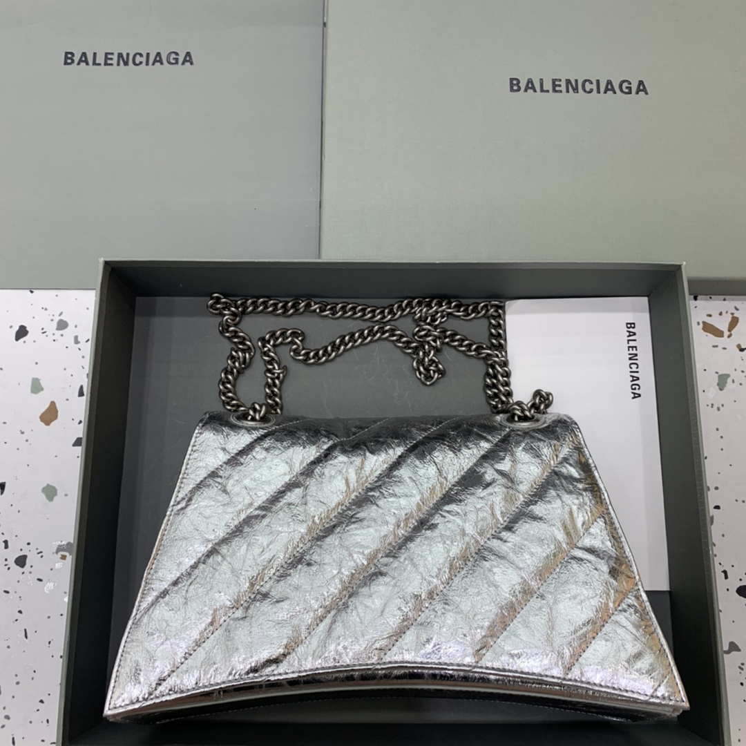 Balenciaga 716393210 Crush Medium Chain Bag Quilted in Silver metallized crushed calfskin Silver