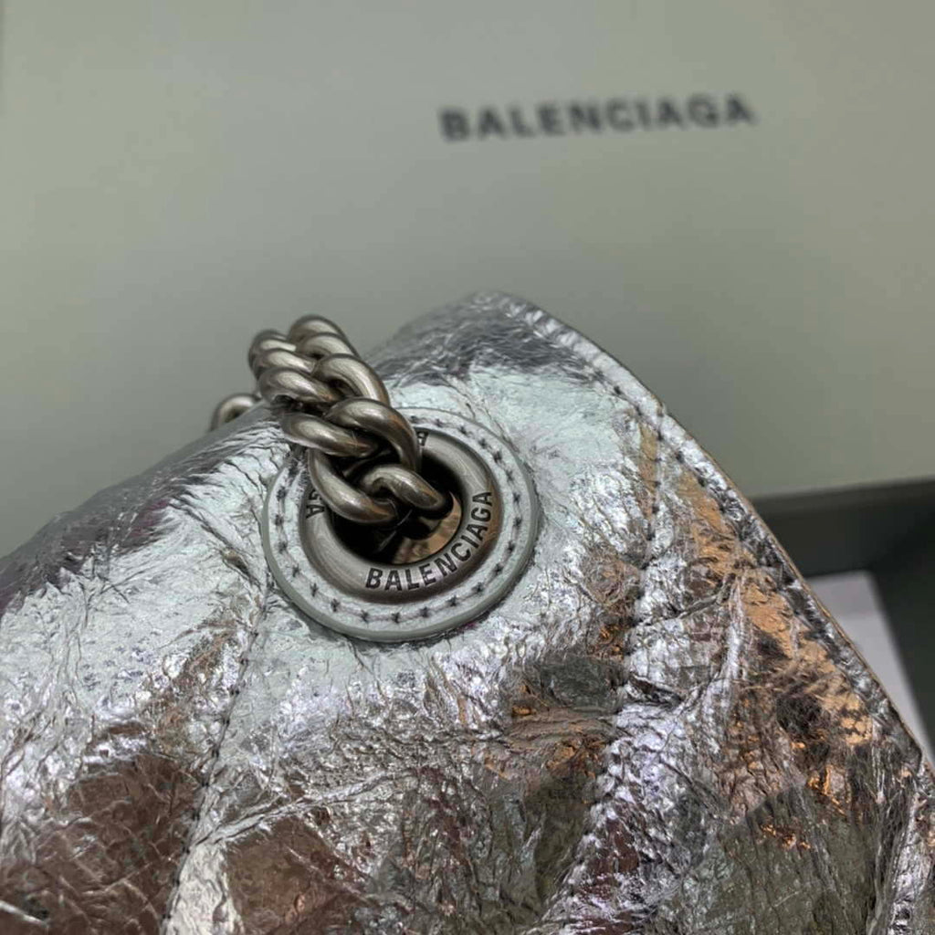 Balenciaga 716393210 Crush Medium Chain Bag Quilted in Silver metallized crushed calfskin Silver