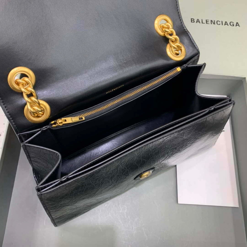 Balenciaga 716393210I Crush Medium Chain Bag in black crushed calfskin aged Gold