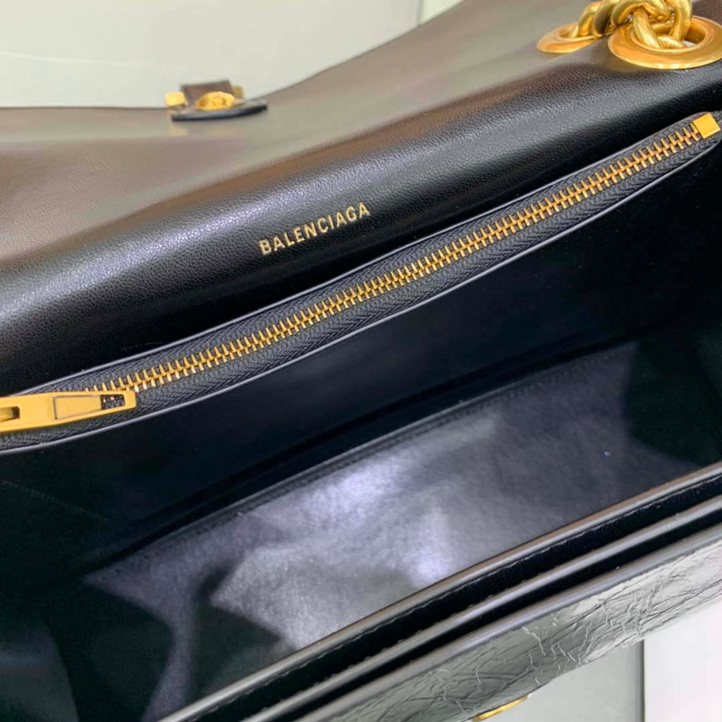 Balenciaga 716393210I Crush Medium Chain Bag in black crushed calfskin aged Gold