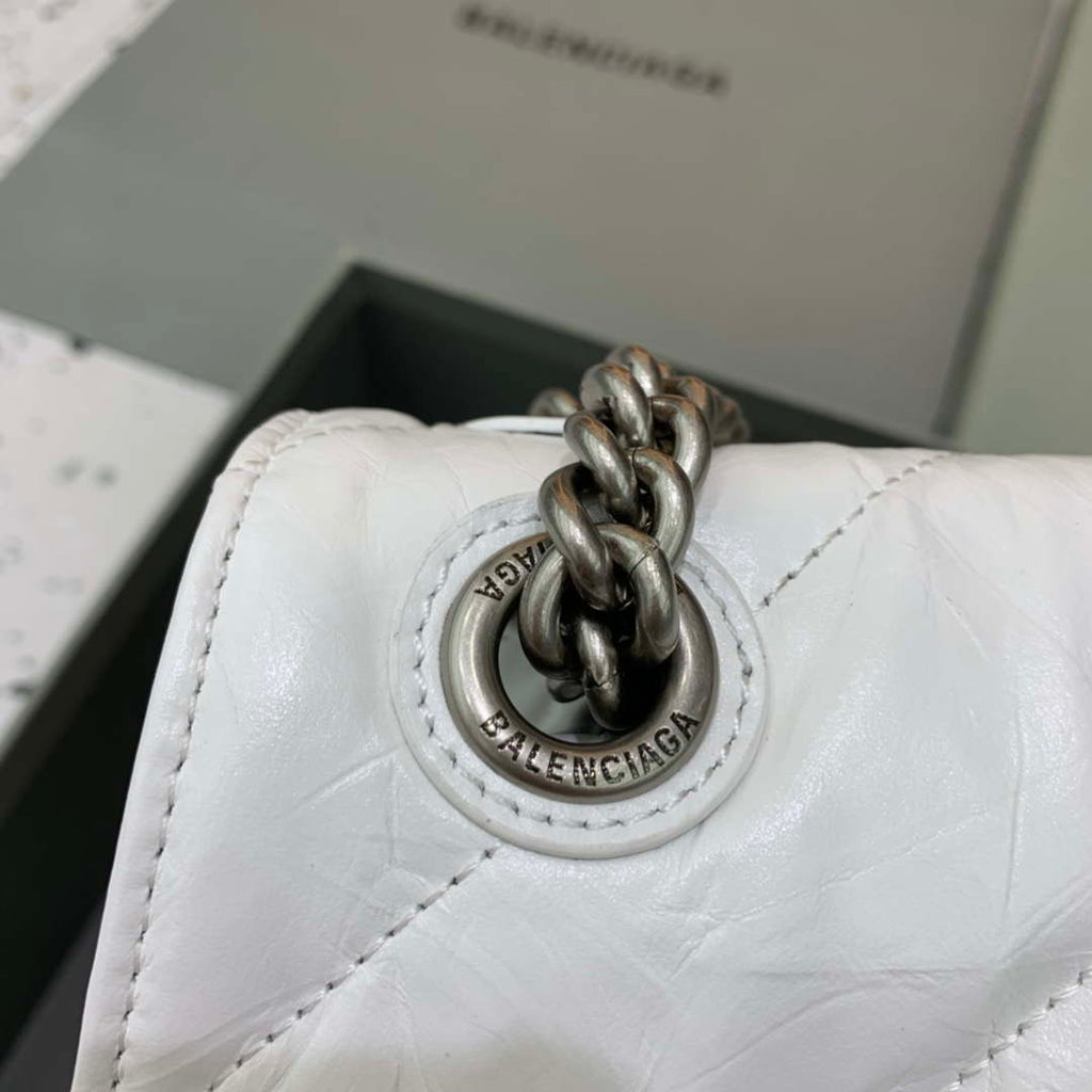 Balenciaga 716393210I Crush Medium Chain Bag in White crushed calfskin aged Silver