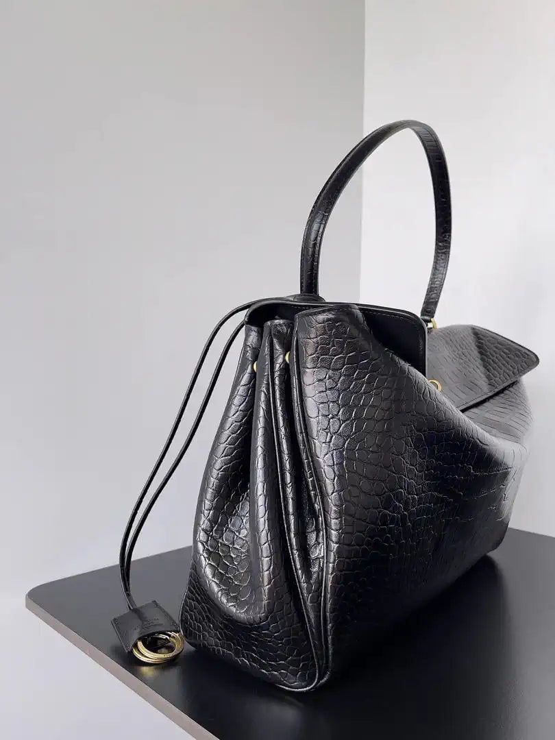 Balenciaga 7897442 Rodeo Handbag Large in Black Crocodile pattern