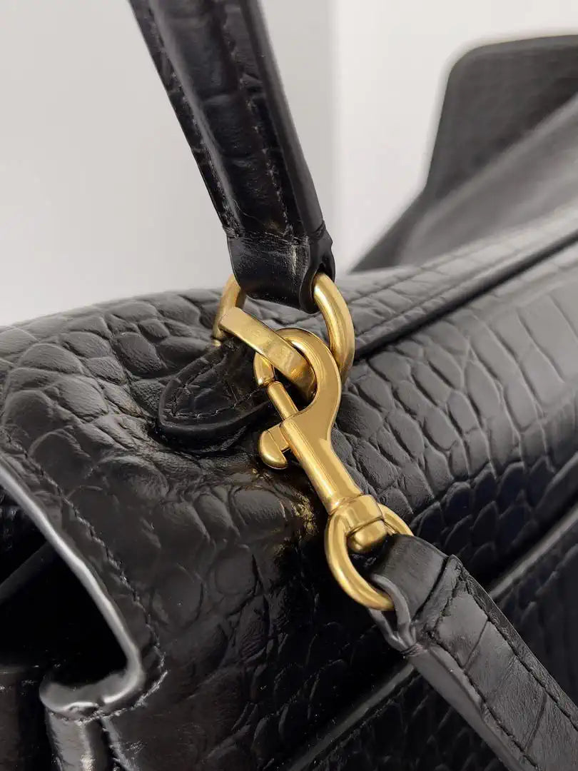 Balenciaga 7897442 Rodeo Handbag Large in Black Crocodile pattern