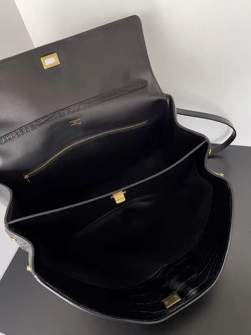 Balenciaga 7897442 Rodeo Handbag Large in Black Crocodile pattern