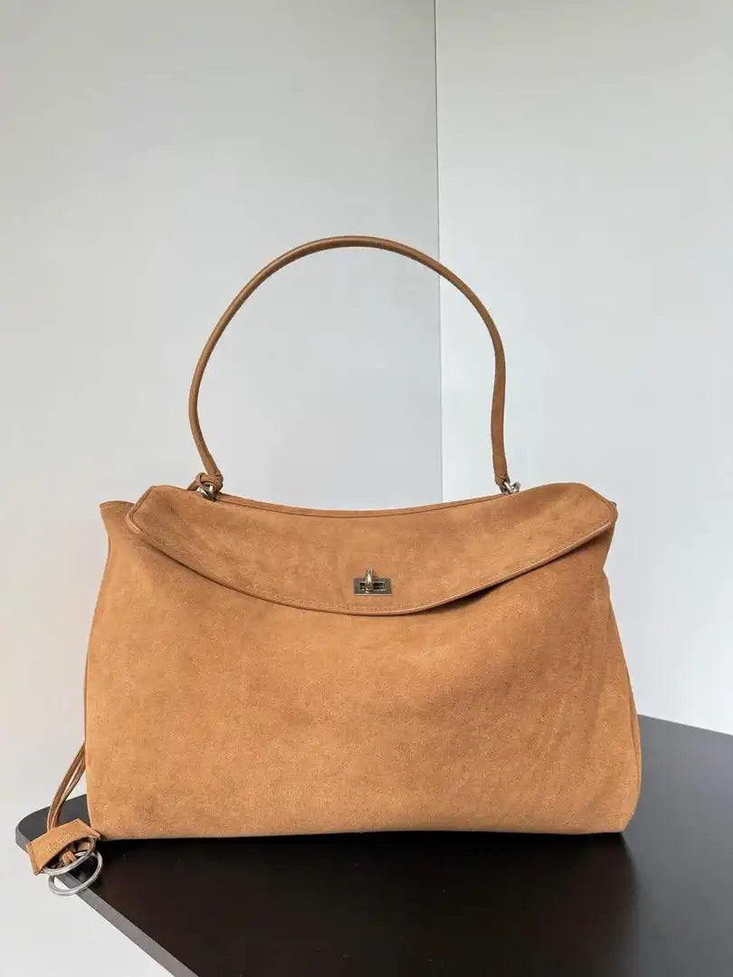 Balenciaga 7897442 Rodeo Handbag Large in  Brown Suede aged-Silver