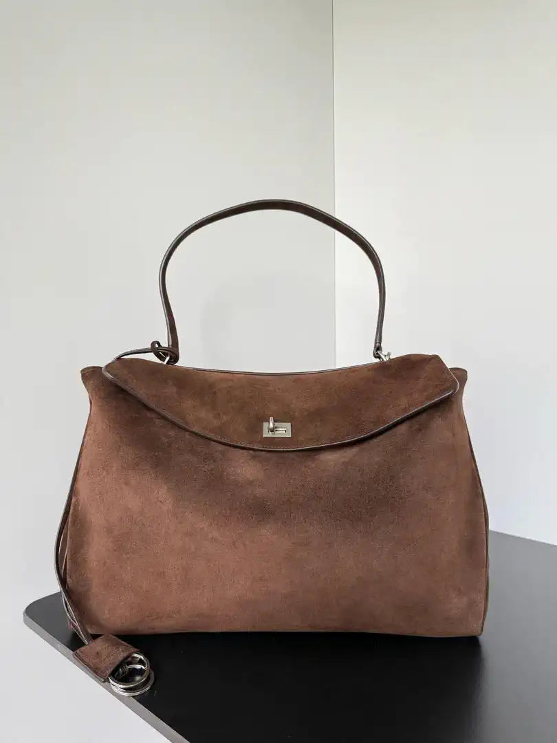 Balenciaga 7897442 Rodeo Handbag Large in Dark Brown Suede aged-Silver
