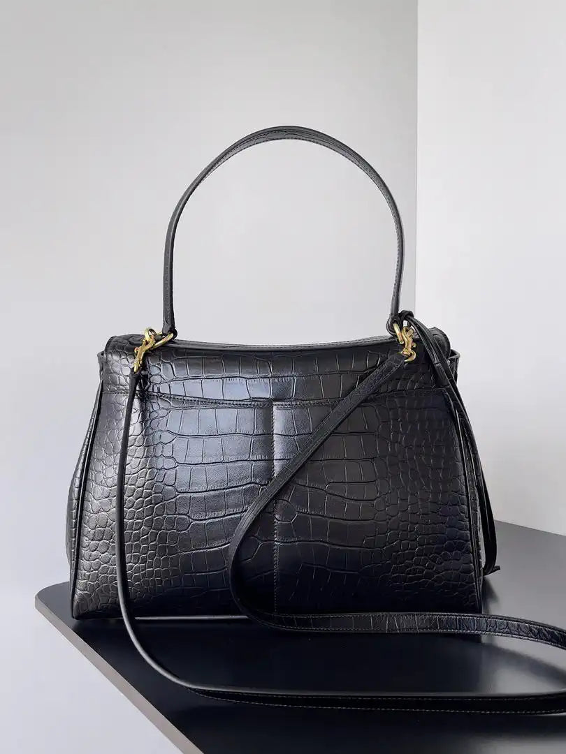 Balenciaga 7897722 Rodeo Handbag Medium in Black Crocodile pattern