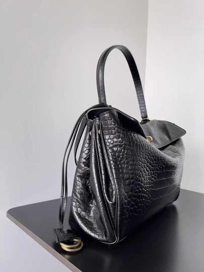 Balenciaga 7897722 Rodeo Handbag Medium in Black Crocodile pattern