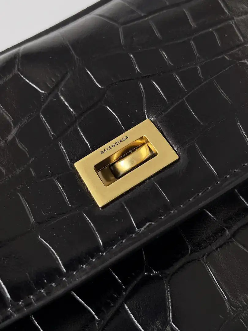 Balenciaga 7897722 Rodeo Handbag Medium in Black Crocodile pattern