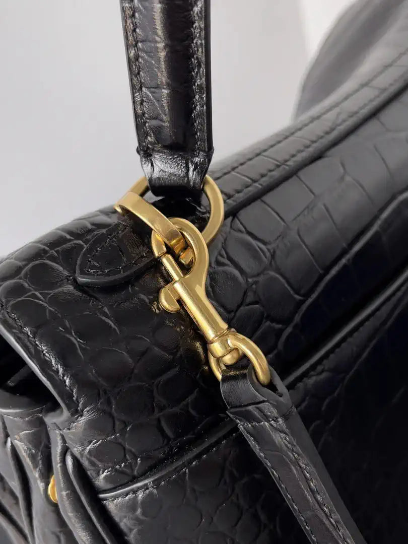 Balenciaga 7897722 Rodeo Handbag Medium in Black Crocodile pattern