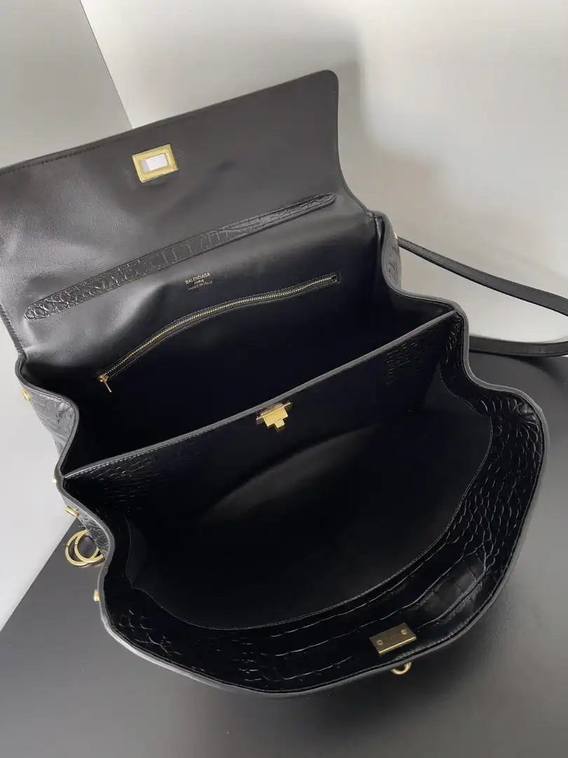 Balenciaga 7897722 Rodeo Handbag Medium in Black Crocodile pattern