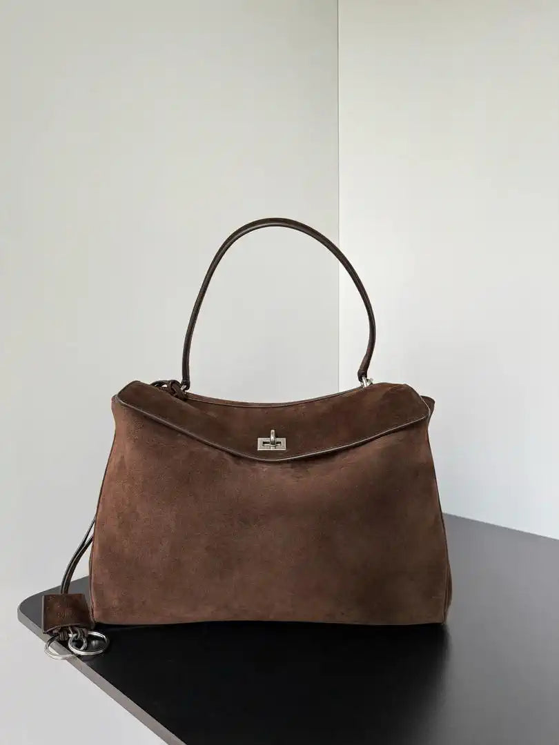 Balenciaga 7897722 Rodeo Handbag Medium in Suede Dark Brown aged-Silver