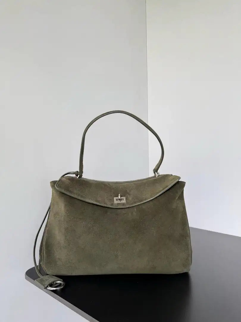 Balenciaga 7897722 Rodeo Handbag Medium in Suede Green aged-Silver