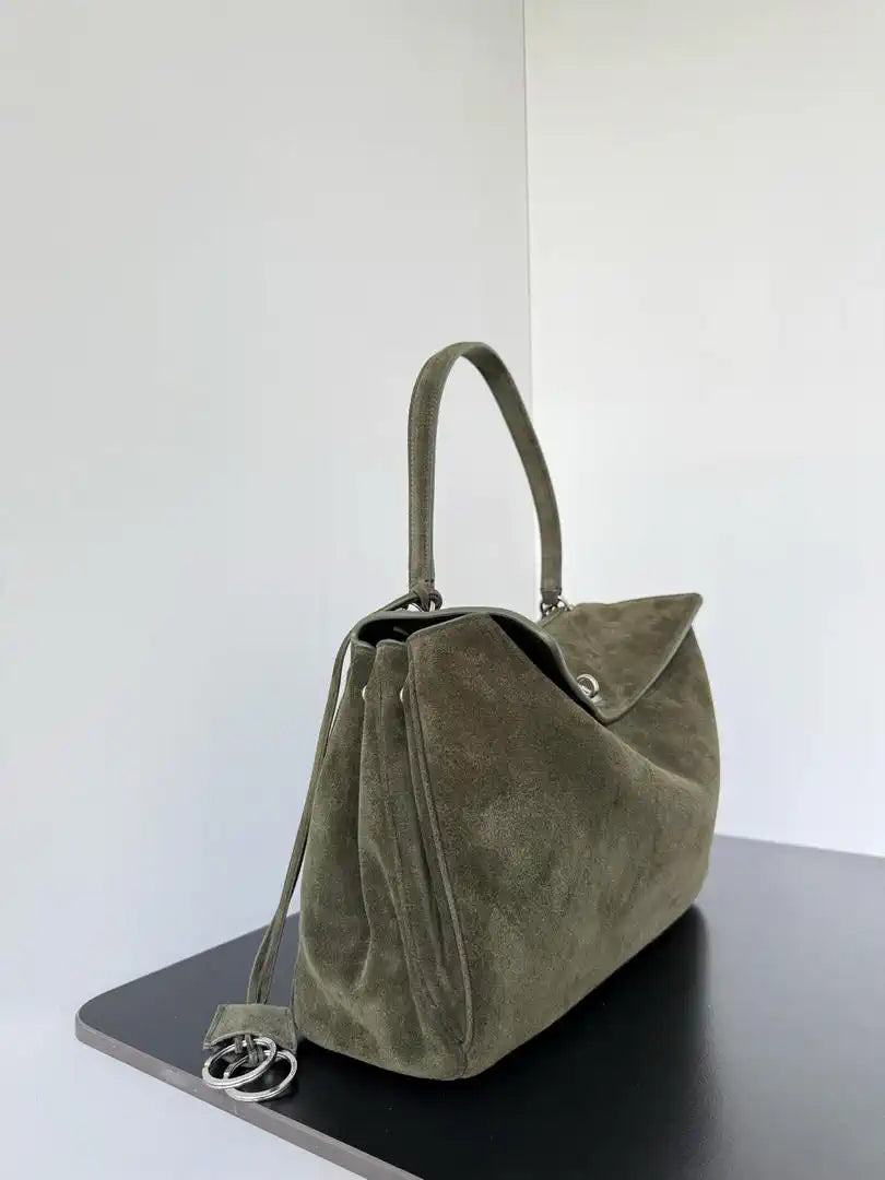Balenciaga 7897722 Rodeo Handbag Medium in Suede Green aged-Silver