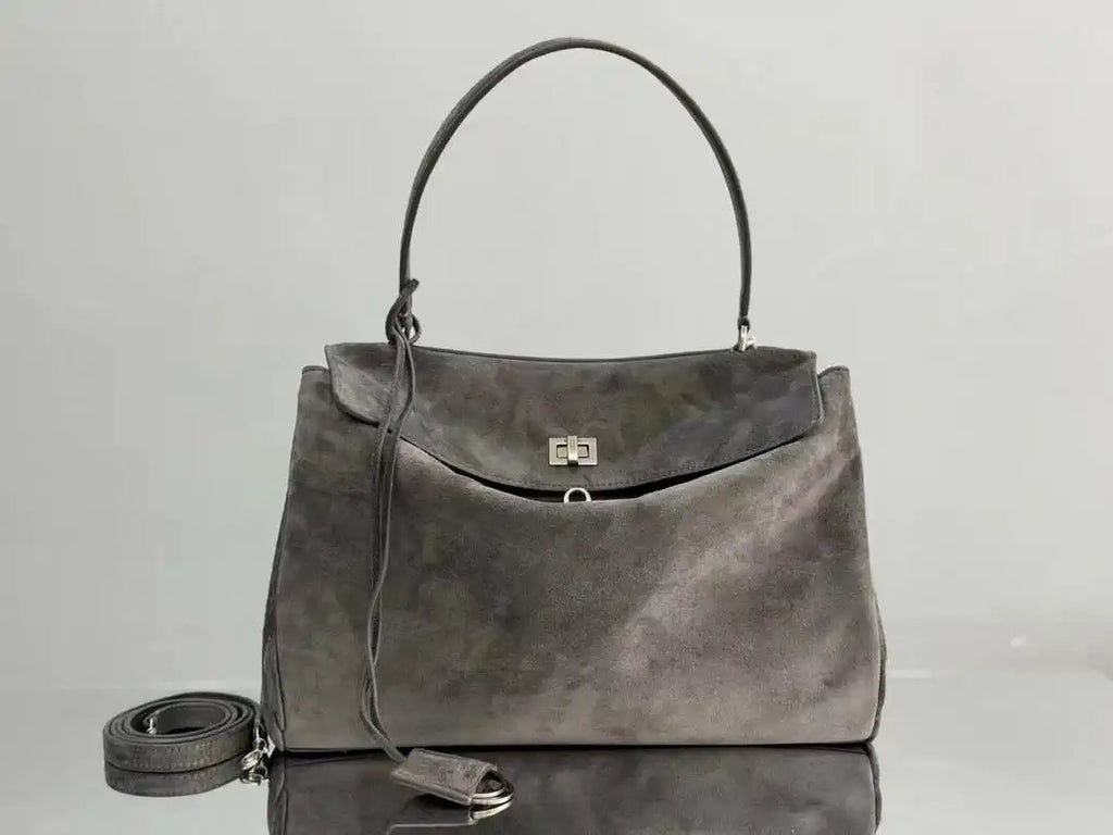 Balenciaga 7897722 Rodeo Handbag Medium in Suede Gray aged-Silver
