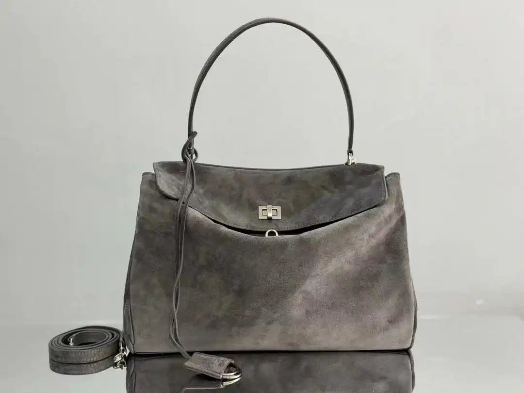 Balenciaga 7897722 Rodeo Handbag Medium in Suede Gray aged-Silver