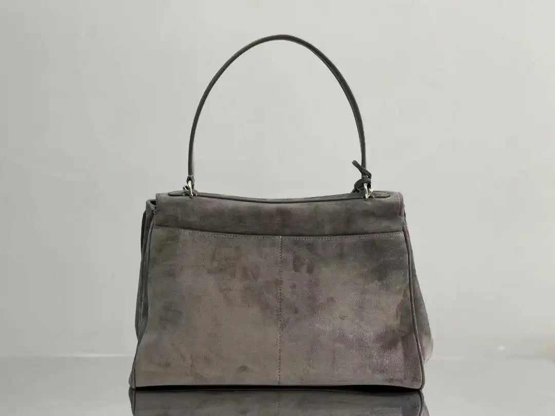Balenciaga 7897722 Rodeo Handbag Medium in Suede Gray aged-Silver