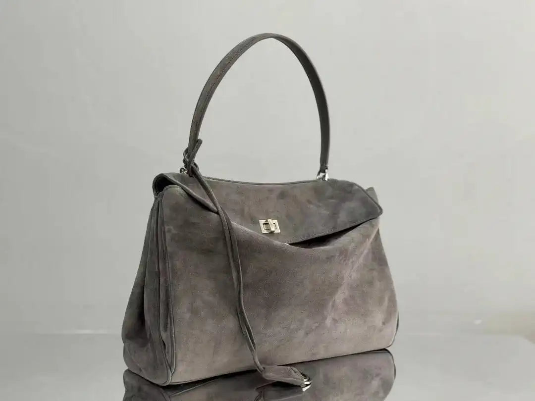 Balenciaga 7897722 Rodeo Handbag Medium in Suede Gray aged-Silver