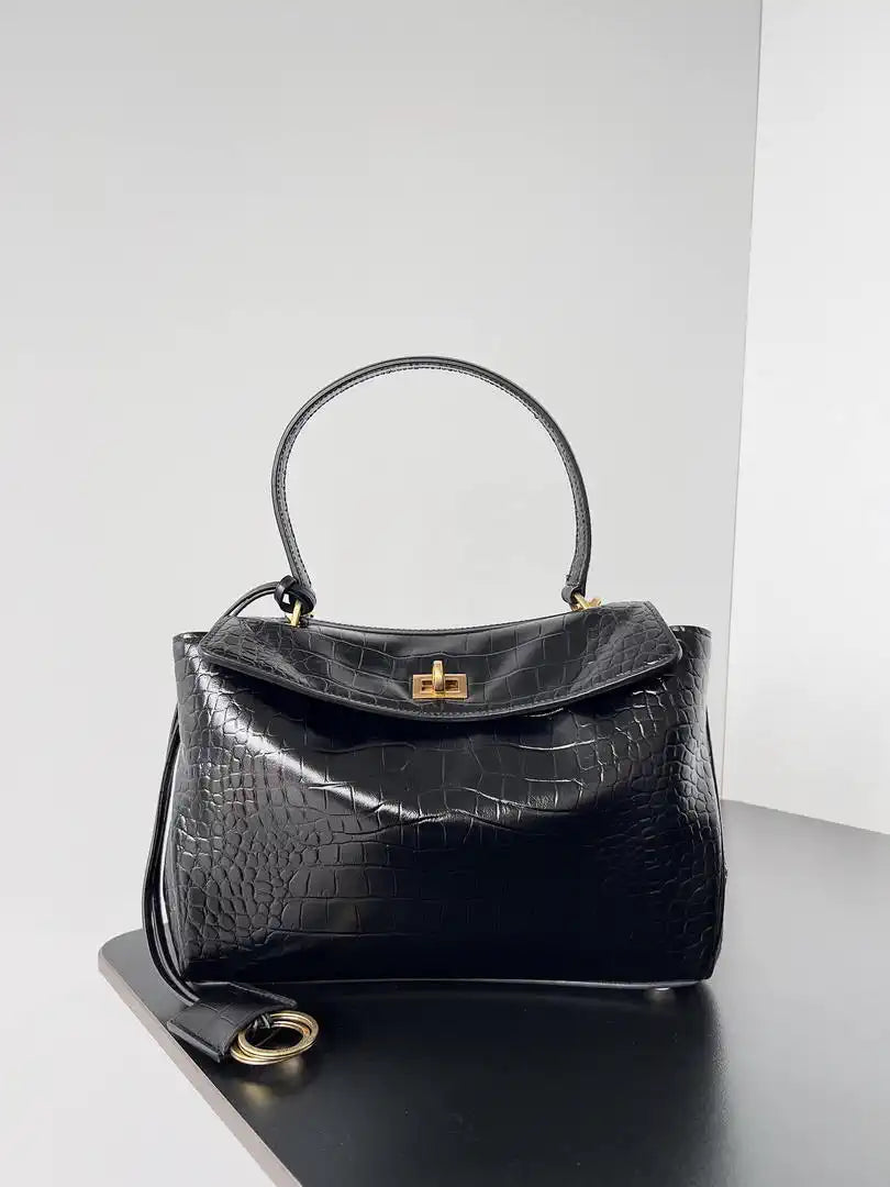 Balenciaga 7897792 Rodeo Handbag Small in Black Crocodile pattern calfskin Gold
