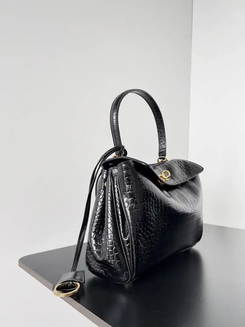 Balenciaga 7897792 Rodeo Handbag Small in Black Crocodile pattern calfskin Gold