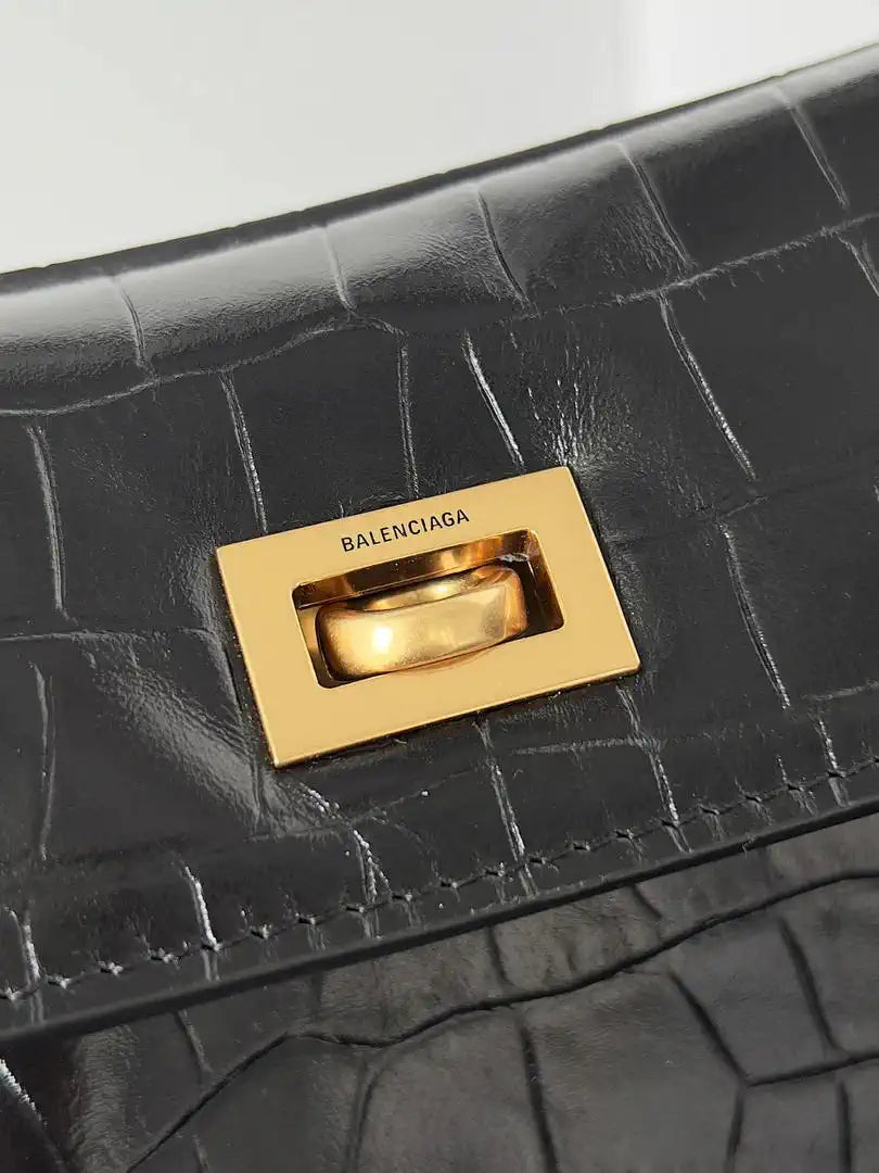 Balenciaga 7897792 Rodeo Handbag Small in Black Crocodile pattern calfskin Gold